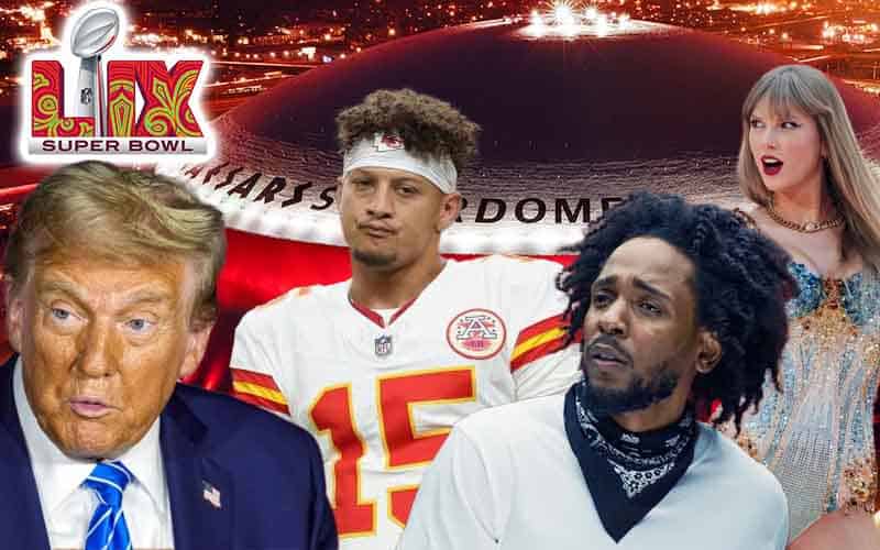 Trump, Taylor Swift, Kendrick Lamar, and Patrick Mahomes with the Caesars Superdome in the background