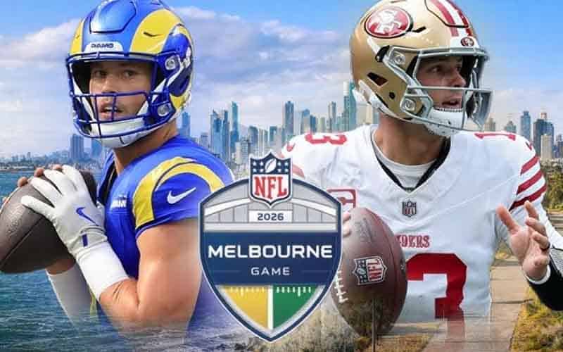 Brock Purdy and Matt Stafford behind a Melbourne NFL logo